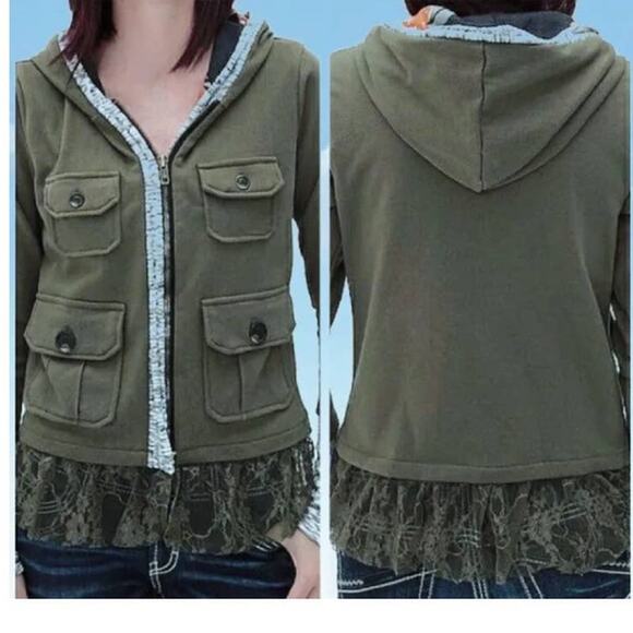 Scrapbook Hooded Utility Jacket Full Zip Lace Trimmed Womens Medium Olive JP574T - Picture 5 of 11
